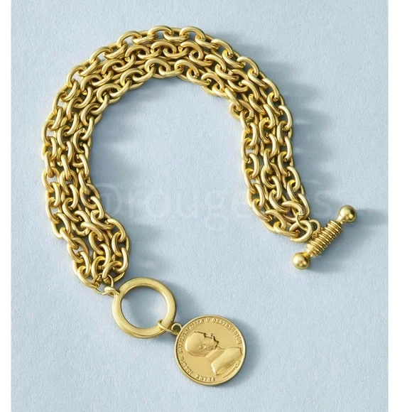 Coin Medallion Charm Rhinestone Gold Tone Chain Dangle Bracelet - Picture 3 of 6